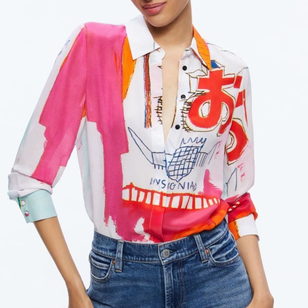 Alice + Olivia x Basquiat Willa Insignia Silk Blouse Top Japanese Abstract S